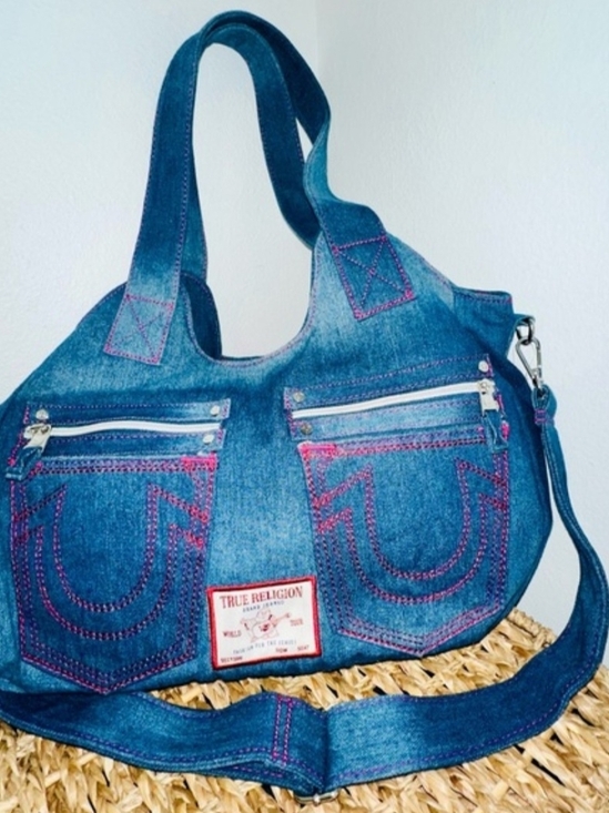 True Religion Handbags - True Religion Denim Shoulder Bag with Pink Stitching